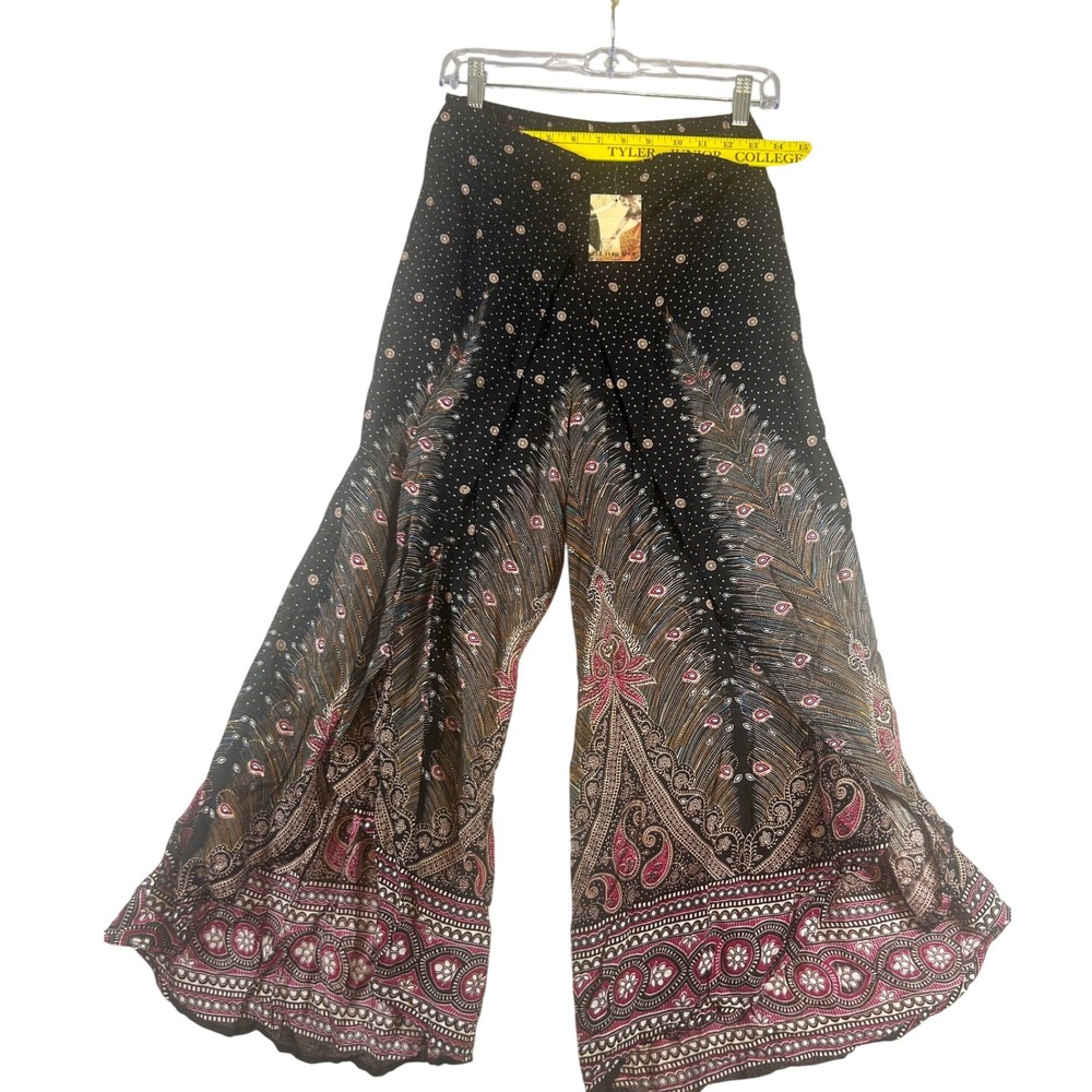 Culture Shop Peacock Print Palazzo Pants Black Pink Split Leg Wide One Size NWT